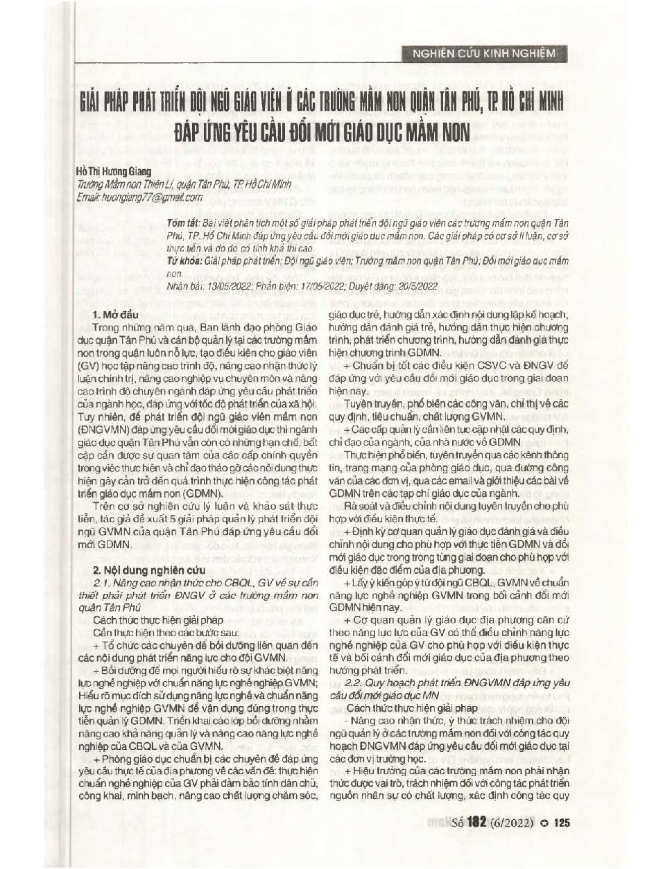 Giải pháp phát triển đội ngũ giáo viên ở các trường mầm non quận Tân Phú, TP Hồ Chí Minh đáp ứng yêu cầu đổi mới giáo dục mầm non = Solutions to develop teachers in preschools in Tan Phu district, Ho Chi Minh City to meet the requirements of preschool edu