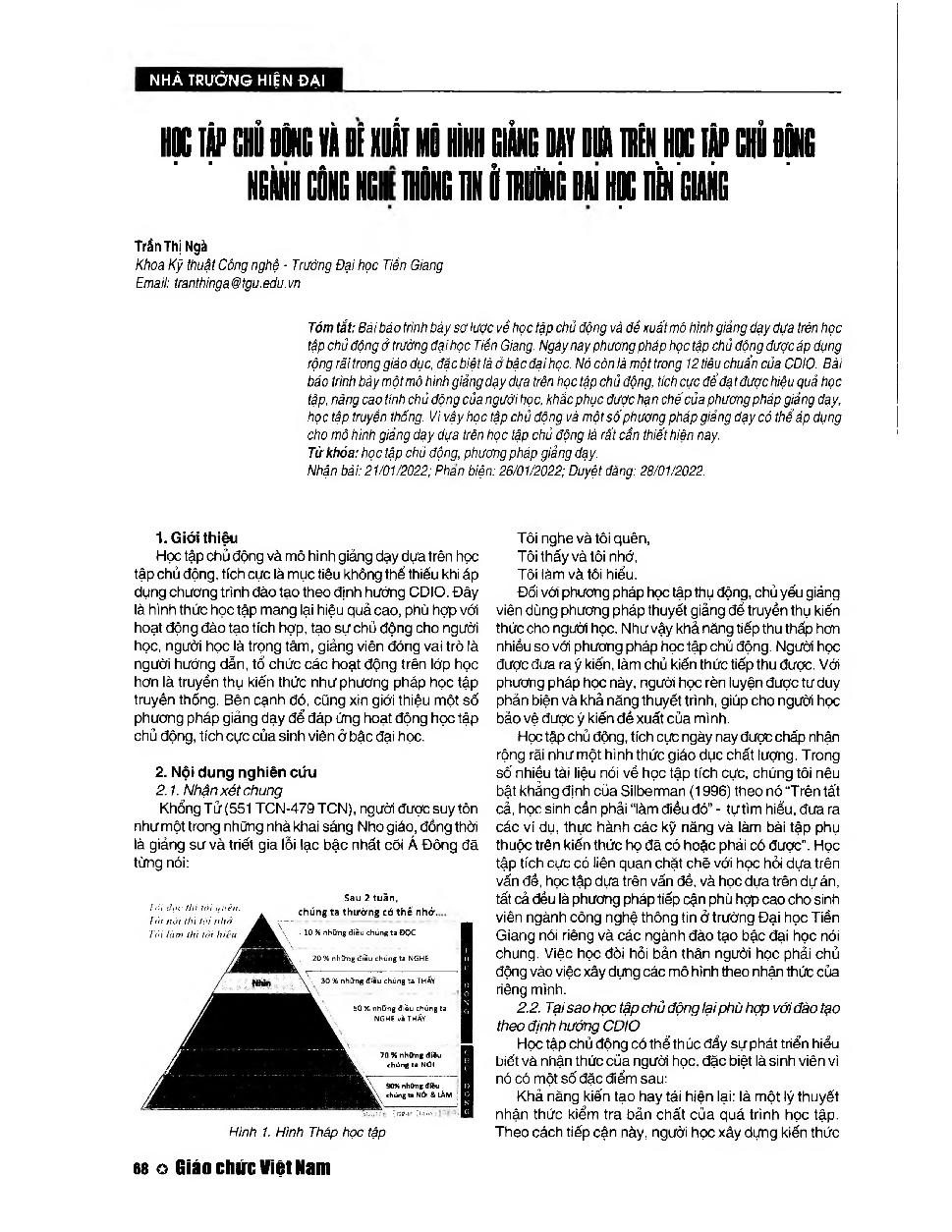 Học tập chủ động và đề xuất mô hình giảng dạy dựa trên học tập chủ động ngành Công nghệ thông tin ở trường Đại học Tiền Giang = Active learning and proposing a teaching model based on active learning in the information technology industry at Tien Giang Un