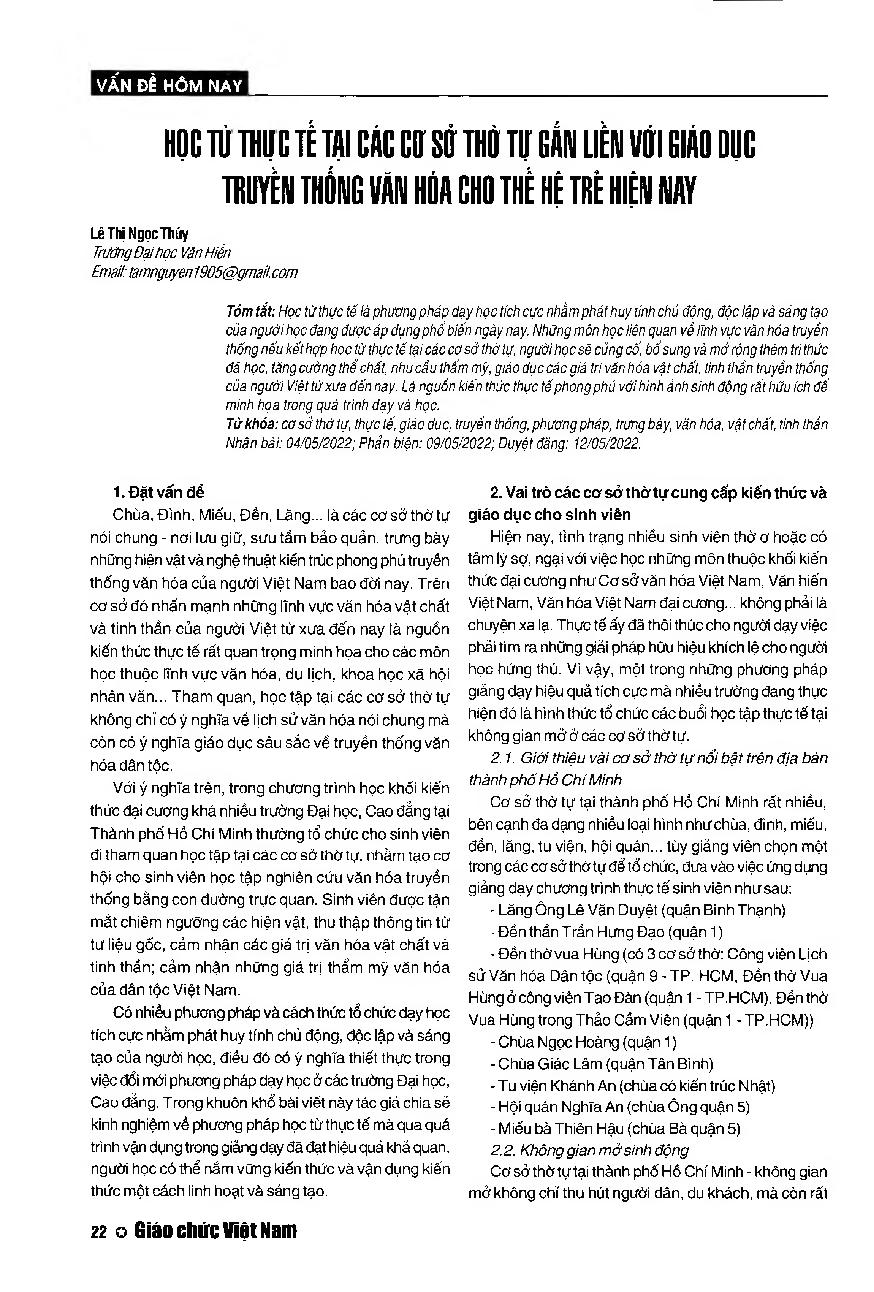 Học từ thực tế tại các cơ sở thờ tự gắn liền với giáo dục truyền thống văn hóa cho thế hệ trẻ hiện nay = Learning from the practice of worship facilities associating with traditional and cultural education for young generation today