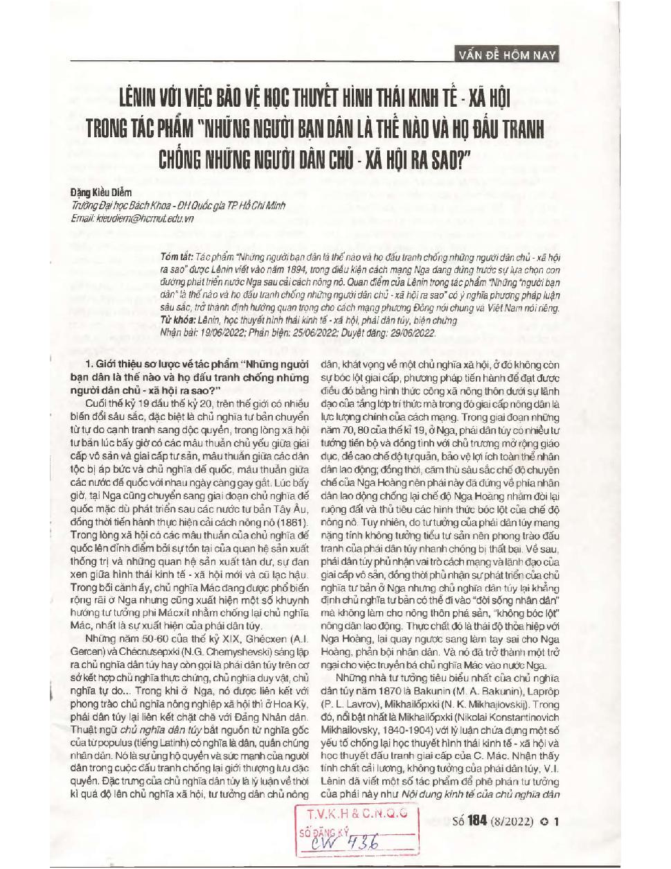 Lênin với việc bảo vệ học thuyết hình thái kinh tế - xã hội trong tác phẩm 'Những người bạn dân là thế nào va ho đấu tranh chống những người dân chủ - xã hội ra sao? = Lenin with the defense of the theory of socio-economic morphology In the work "Frie