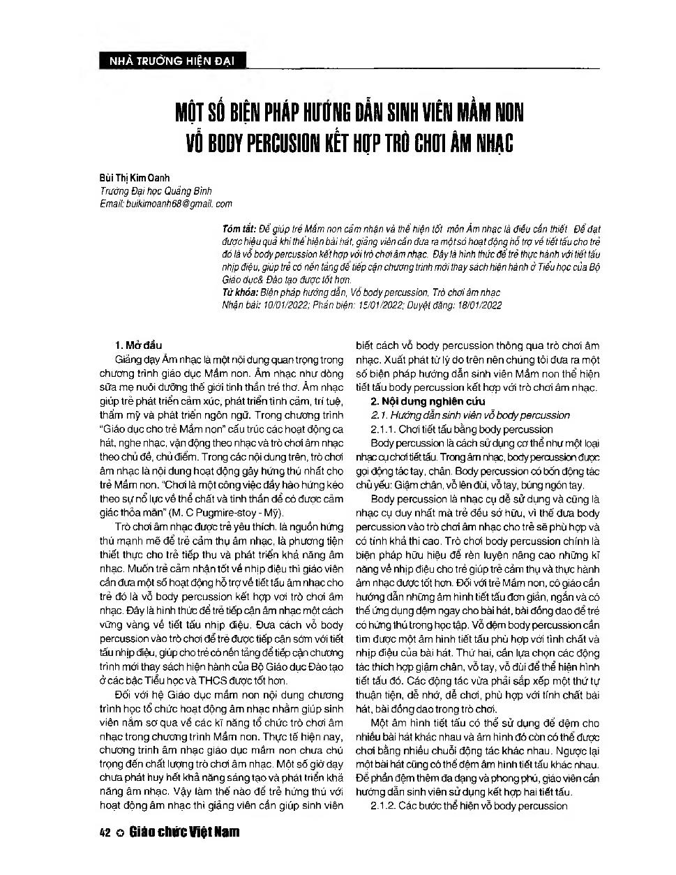 Một số biện pháp hướng dẫn sinh viên mầm non vỗ body percussion kết hợp trò chơi âm nhạc = Some measures to guide preschool students to clap body percussion combined with musical games