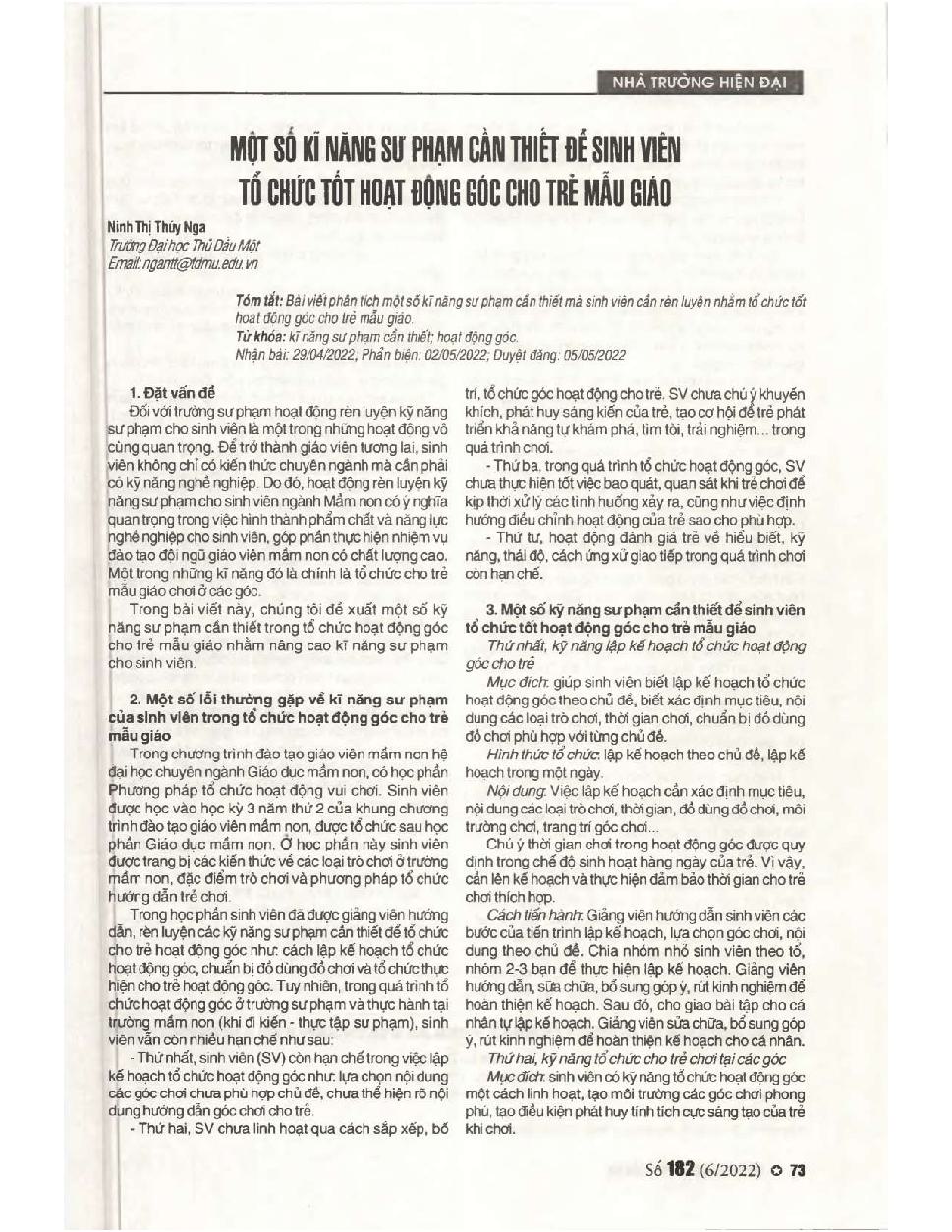 Một số kỹ năng sư phạm cần thiết để sinh viên tổ chức tốt hoạt động góc cho trẻ mẫu giáo = Some pedagogical skills are necessary for students to organize well-organized corner activities for preschool children