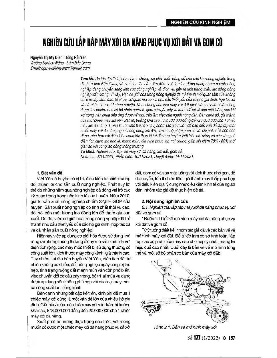 Nghiên cứu lắp ráp máy xới đa năng phục vụ xới đất và gom cỏ = Study and assemble a multi-purpose cultivator for plowing and gathering grass