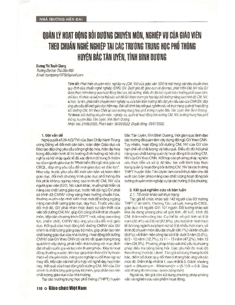 Quản lý hoạt động bồi dưỡng chuyên môn, nghiệp vụ của giáo viên theo chuẩn nghề nghiệp tại các trường trung học phổ thông huyện Bắc Tân Uyên, tỉnh Bình Dương