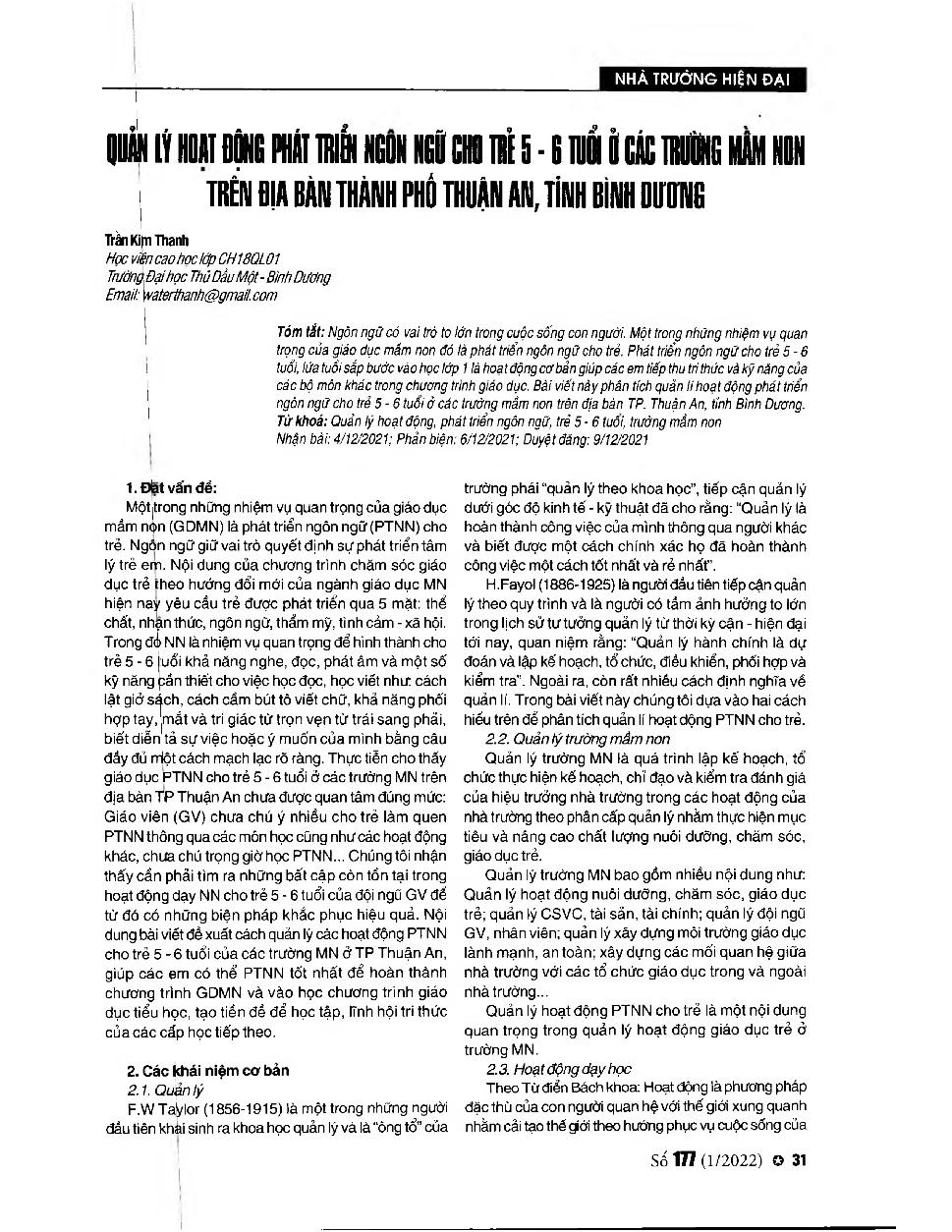 Quản lý hoạt động phát triển ngôn ngữ cho trẻ 5-6 tuổi ở các trường mầm non trên địa bàn thành phố Thuận An, tỉnh Bình Dương = A Managing the language development activities top 5-6 years old children in preschools in Thuan An city, Binh Duong province