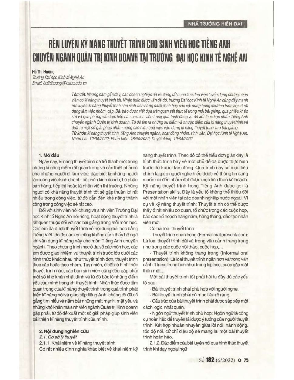Rèn luyện kỹ năng thuyết trình cho sinh viên học Tiếng Anh chuyên ngành Quản trị Kinh doanh tại Trường Đại học Kinh tế Nghệ An = Training presentation skills for the students studying English majoring in Business Administration at Nghe An University of Ec