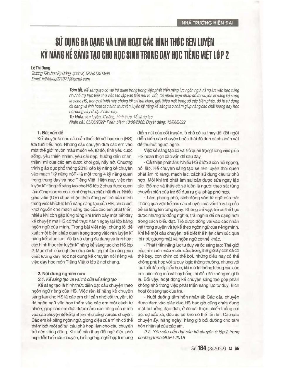 Sử dụng đa dạng và linh hoạt các hình thức rèn luyện kỹ năng kể sáng tạo cho học sinh trong dạy học tiếng Việt lớp 2