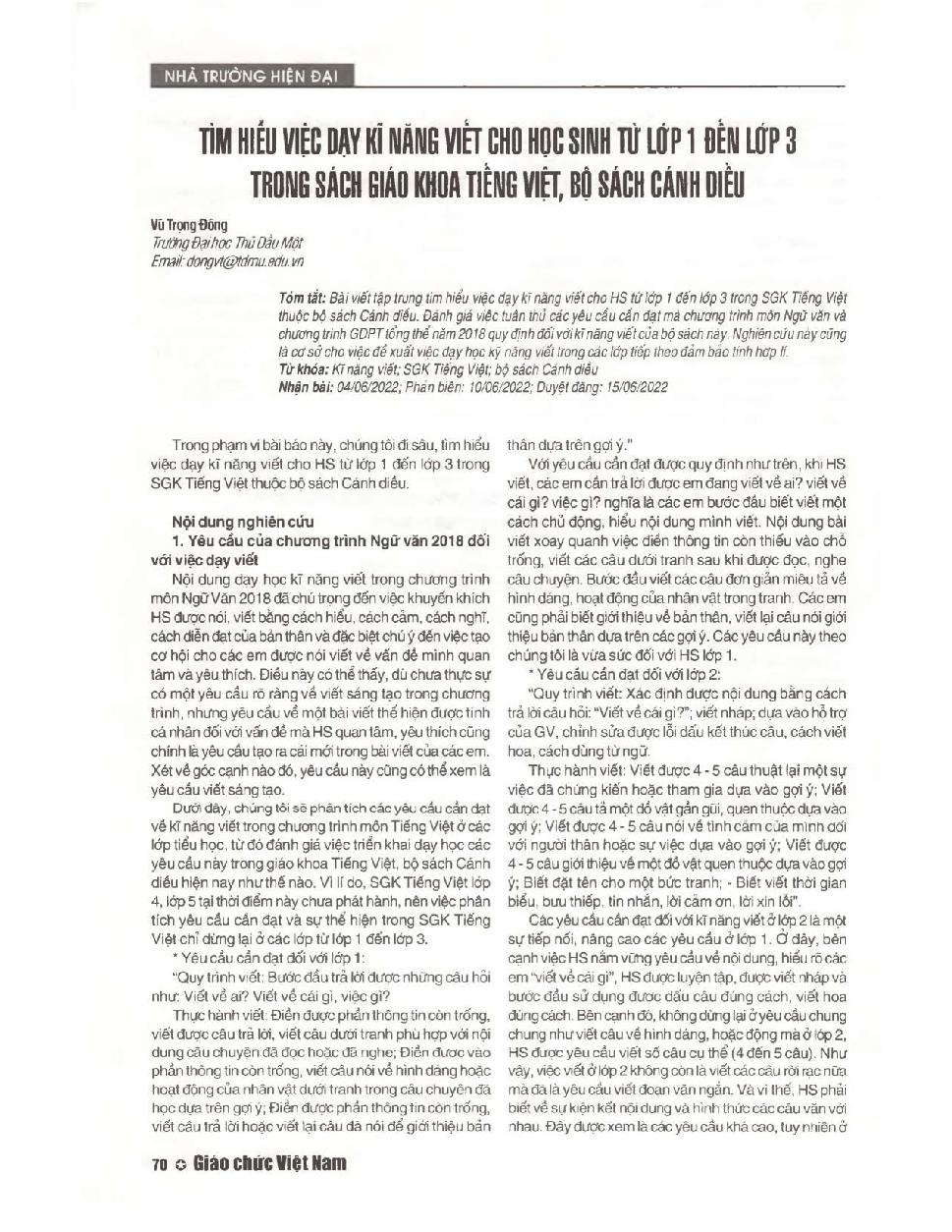 Tìm hiểu việc dạy kỹ năng viết cho học sinh từ lớp 1 đến lớp 3 trong sách giáo khoa tiếng Việt, bộ sách Cánh diều