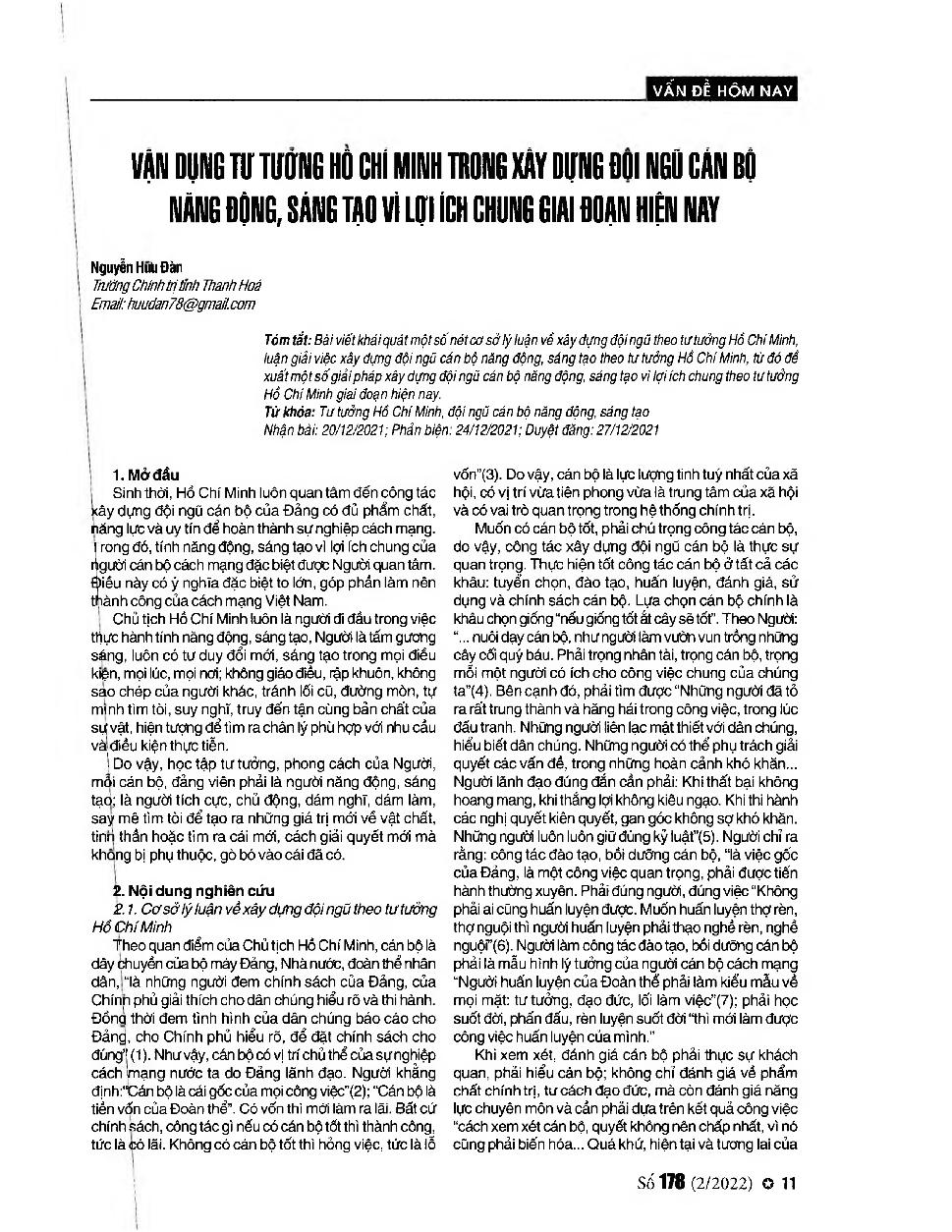 Vận dụng tư tưởng Hồ Chí Minh trong xây dựng đội ngũ cán bộ năng động, sáng tạo vì lợi ích chung giai đoạn hiện nay = Applying Ho Chi Minh's Thought in building a dynamic and creative cadres for the common good in the current period