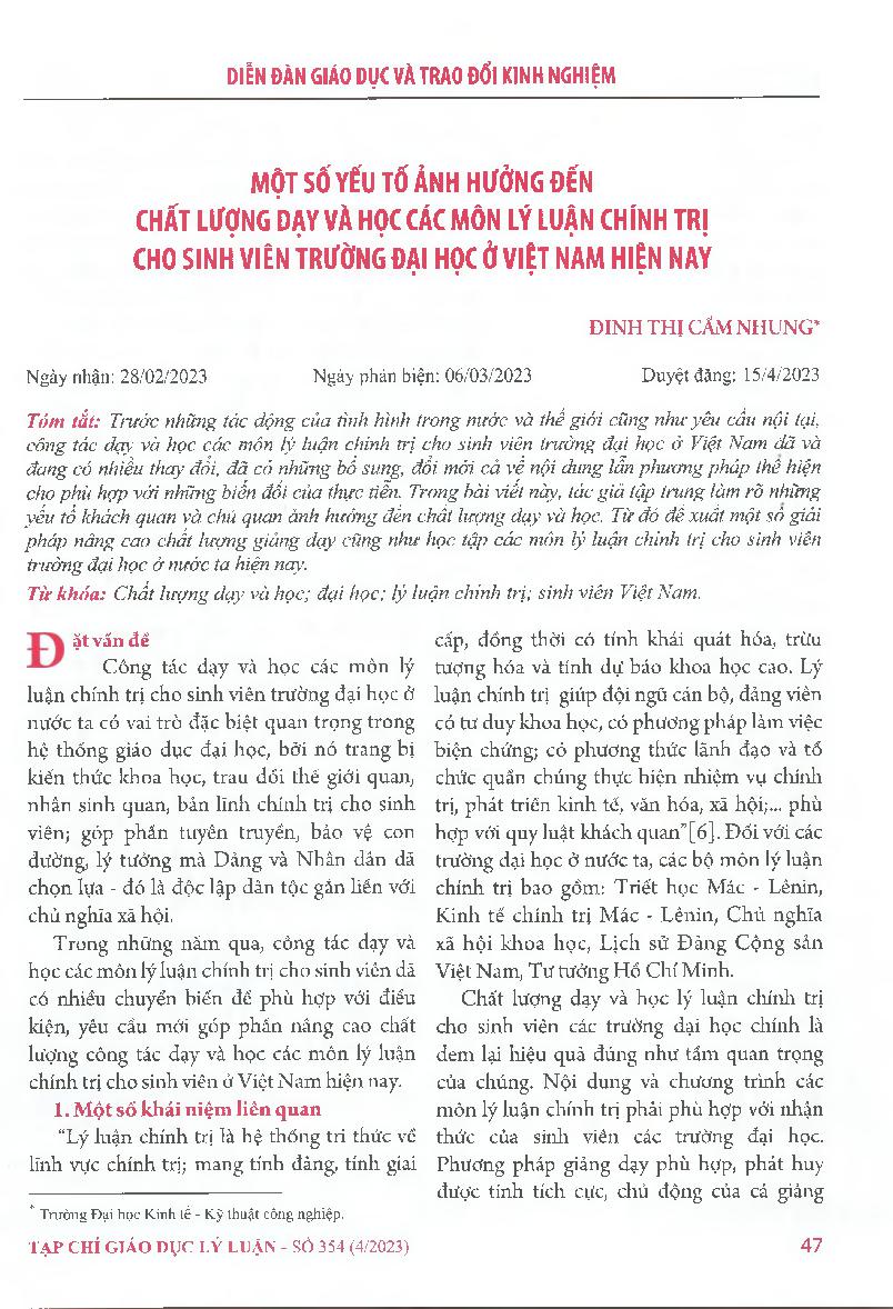 Một số yếu tố ảnh hưởng đến chất lượng dạy và học các Môn Lý luận chính trị cho sinh viên trường đại học ở Việt Nam hiện nay = Some factors affecting the quality of teaching and learning political theory subjects for university students in Vietnam today