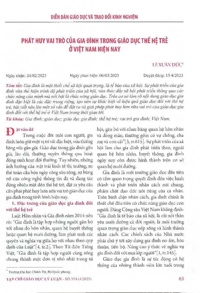 Phát huy vai trò của gia đình trong giáo dục thế hệ trẻ ở Việt Nam hiện nay = Promoting families' role in educating young generations in Vietnam today
