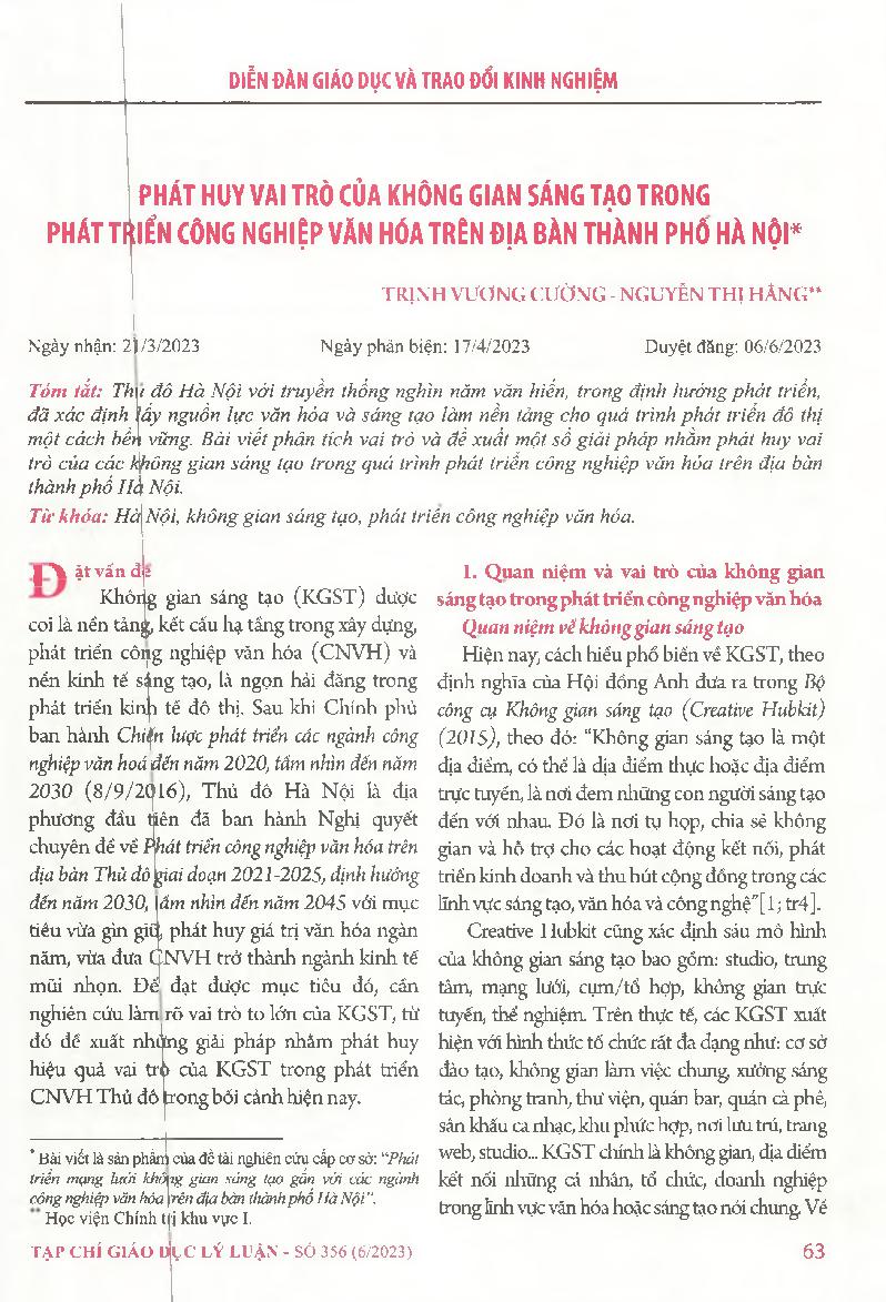 Phát huy vai trò của không gian sáng tạo trong phát triển công nghiệp văn hóa trên địa bàn thành phố Hà Nội