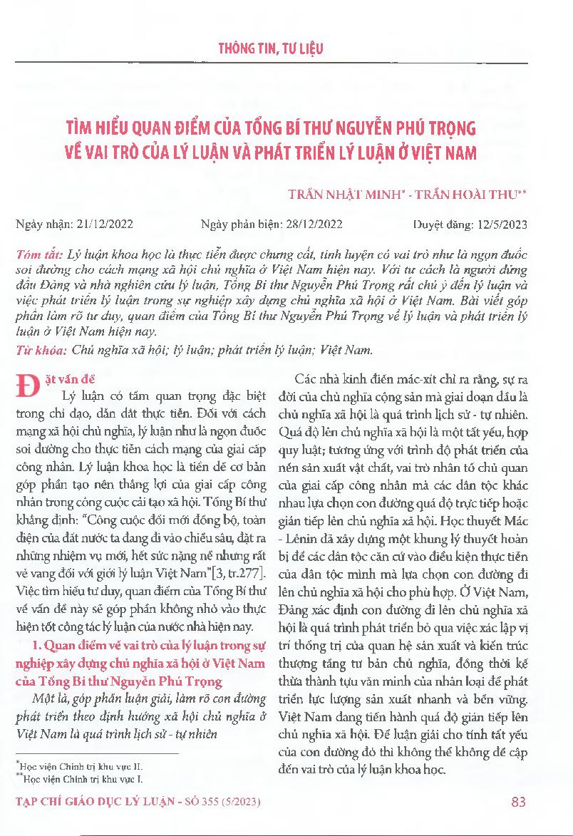 Tìm hiểu quan điểm của Tổng Bí thư Nguyễn Phú Trọng vẽ vai trò của lý luận và phát triển lý luận ở Việt Nam = Learn about General Secretary Nguyen Phu Trong's views on the role of theory and theoretical development in Vietnam