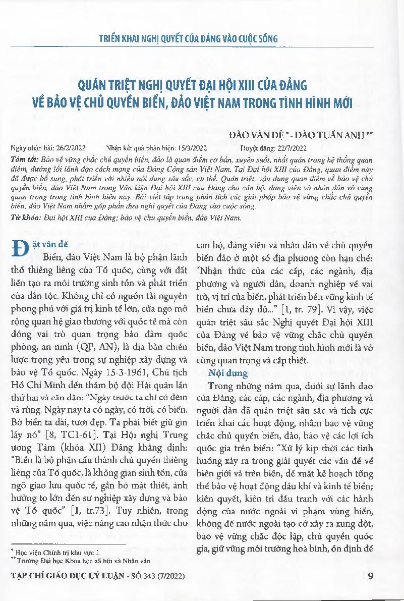 Quán triệt nghị quyết đại hội XIII của Đảng về bảo vệ chủ quyền biển, đảo Việt Nam trong tình hình mới = Thoroughly grasping the Resolution of the 13th National Party Congress on protecting Vietnam's sovereignty over sea and islands in the new situati