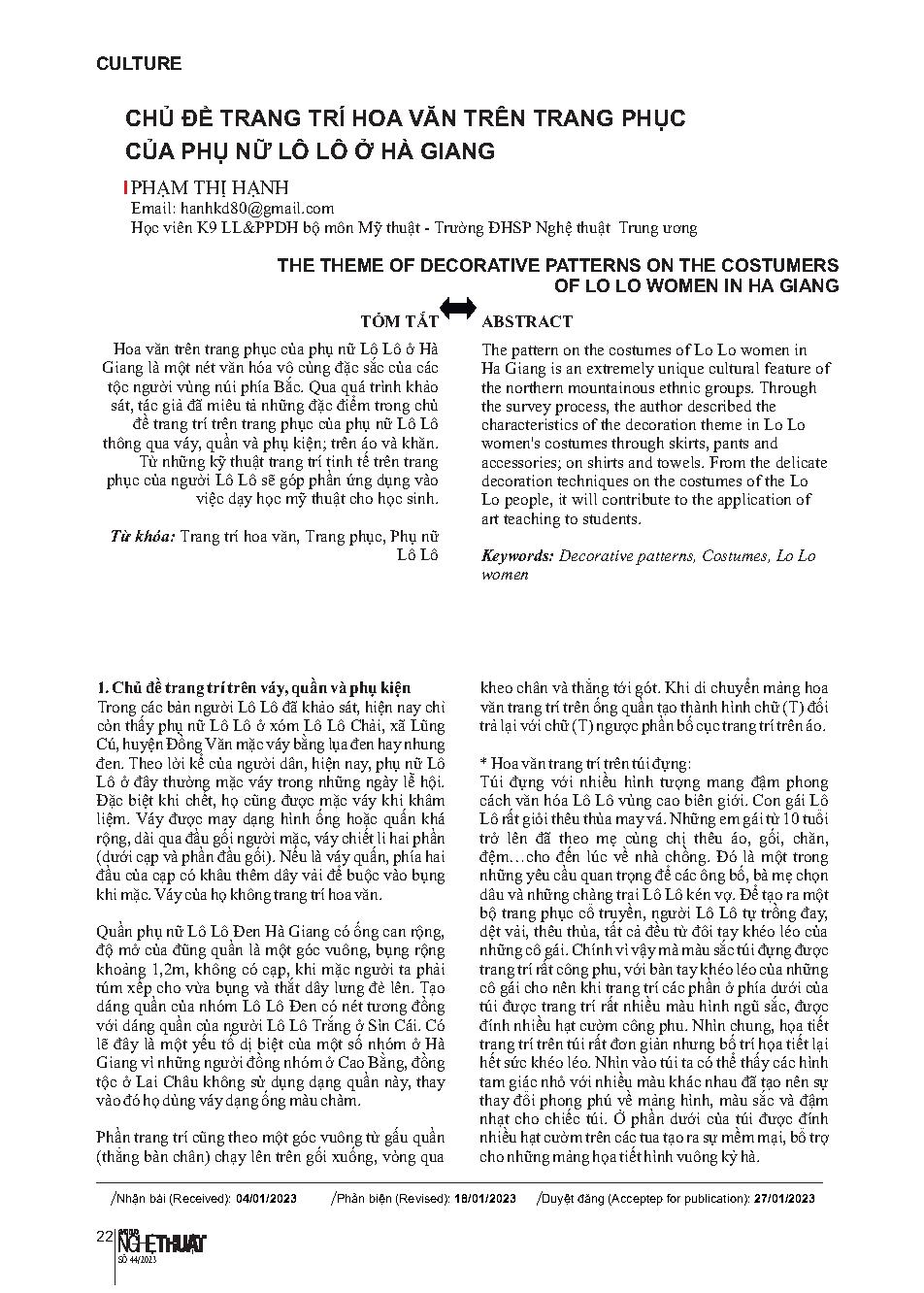 Chủ đề trang trí hoa văn trên trang phục của phụ nữ Lô Lô ở Hà Giang