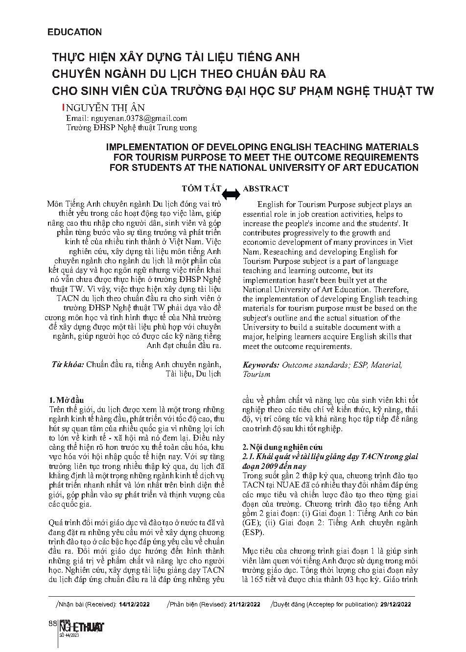 Thực hiện xây dựng tài liệu tiếng Anh chuyên ngành du lịch theo chuẩn đầu ra cho sinh viên của trường Đại học Sư phạm Nghệ thuật Trung ương