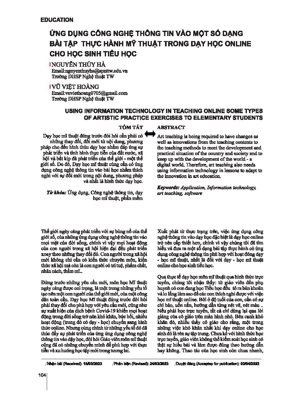 Ứng dụng công nghệ thông tin vào một số dạng bài tập thực hành mỹ thuật trong dạy học online cho học sinh tiểu học