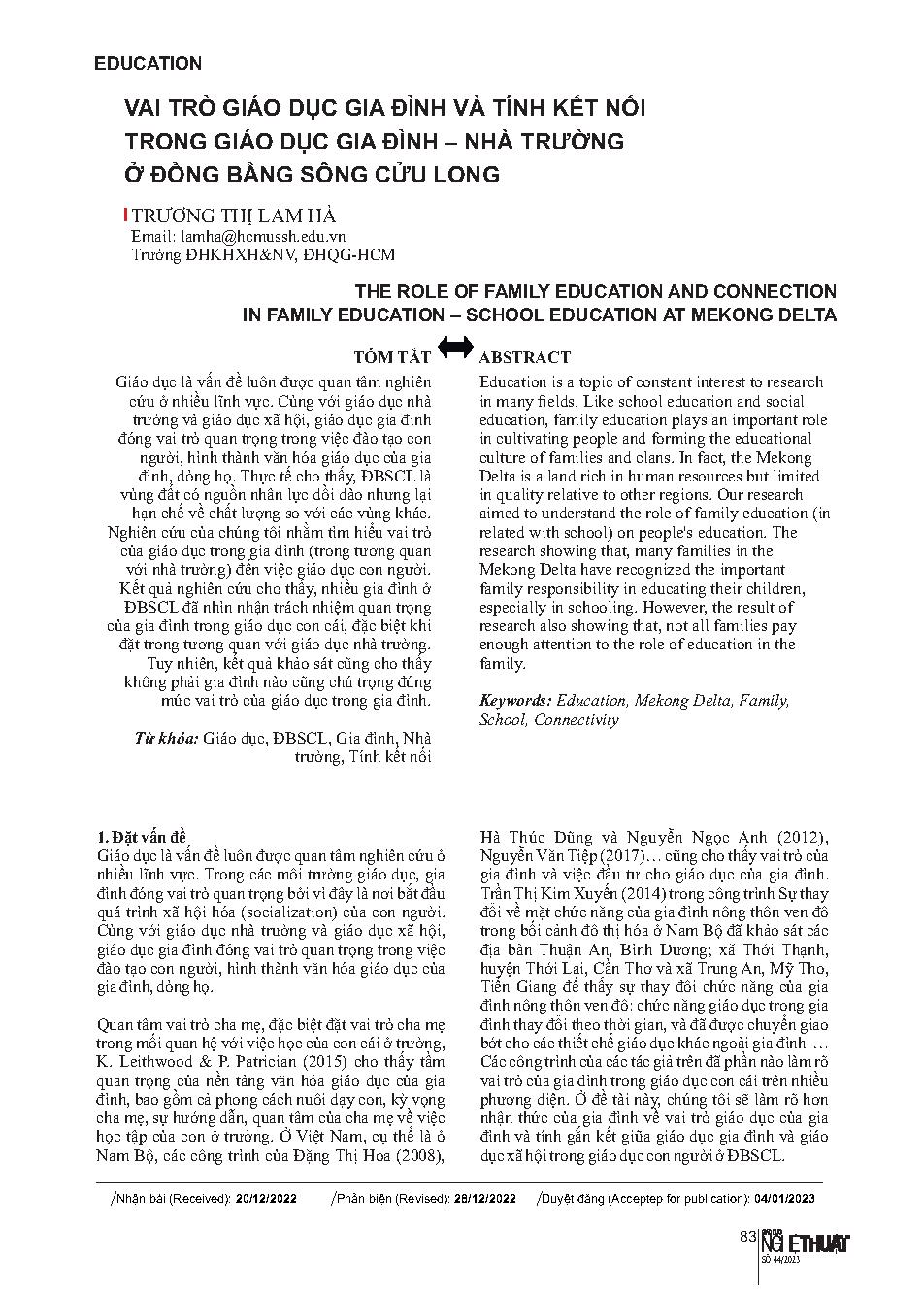 Vai trò giáo dục gia đình và tính kết nối trong giáo dục gia đình - nhà trường ở Đồng bằng sông Cửu Long