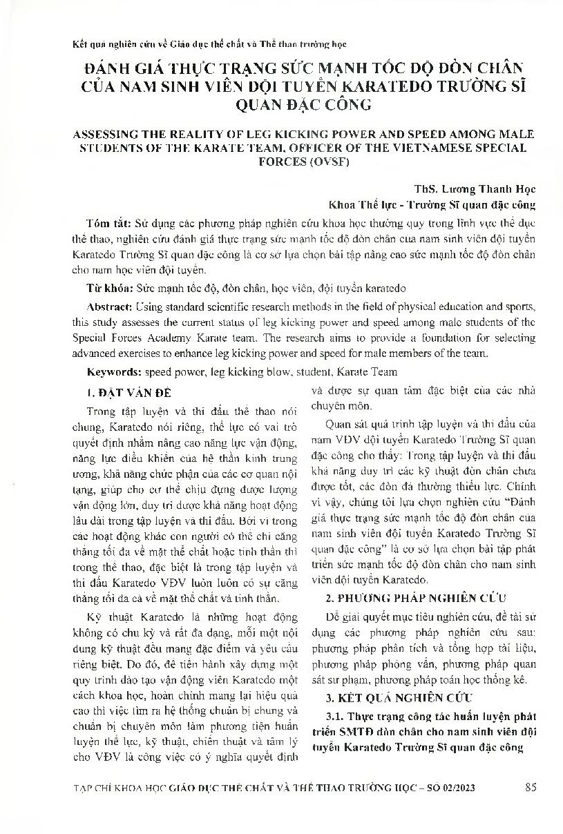 Đánh giá thực trạng sức mạnh tốc độ đòn chân của nam sinh viên đội tuyển Karatedo Trường Sĩ Quan Đặc Công