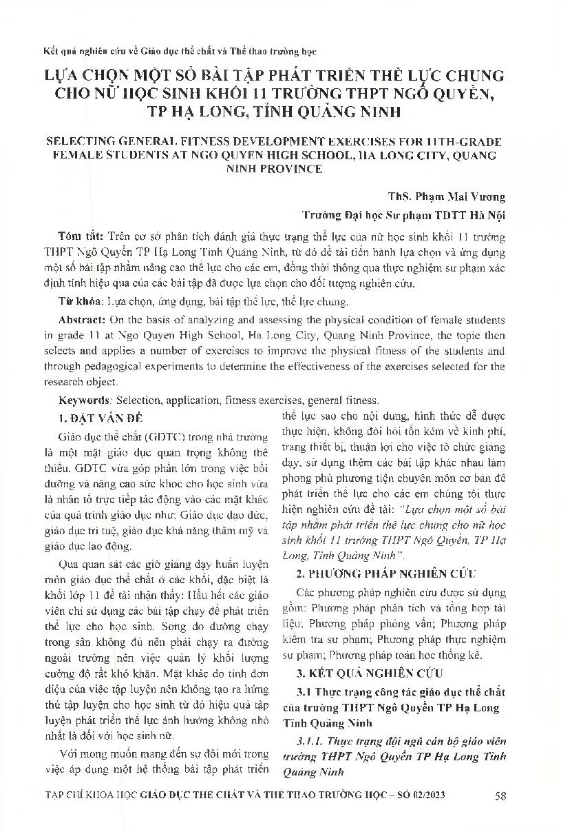 Lựa chọn một số bài tập phát triển thể lực chung cho nữ học sinh khối 11 trường THPT Ngô Quyền, Thành phố Hạ Long, Tỉnh Quảng Ninh