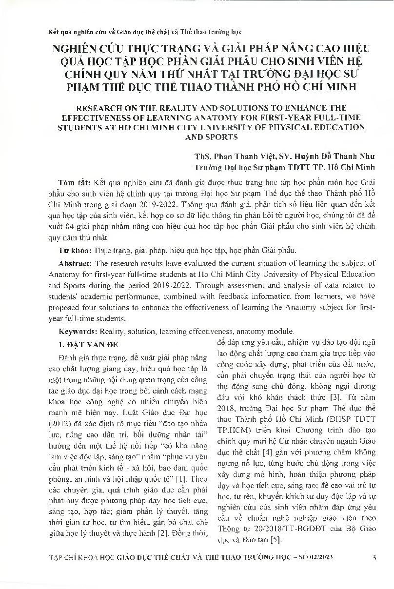 Nghiên cứu thực trạng và giải pháp nâng cao hiệu quả học tập học phần giải phẫu cho sinh viên hệ chính quy năm thứ nhất tại trường Đại Học Sư Phạm Thể Dục Thể Thao Thành Phố Hồ Chí Minh = Research on the reality and solutions to enhance the effectiveness 