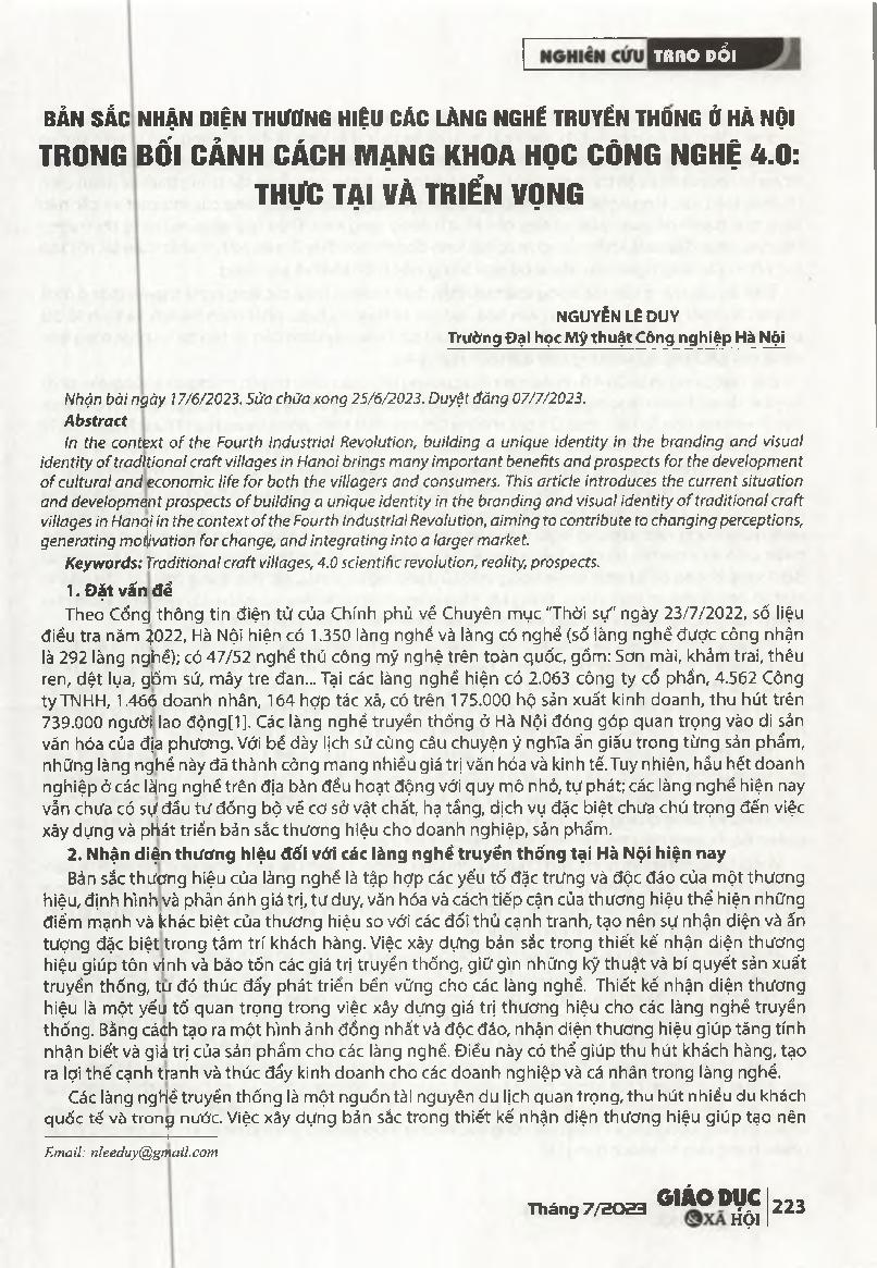 Bản sắc nhận diện thương hiệu các làng nghé truyền thống ở Hà Nội trong bối cảnh cách mạng khoa học công nghệ 4.0: Thực tại và triển vọng = Brand identity of traditional craft villages in Hanoi in the context of the 4.0 scientific and technological revolu