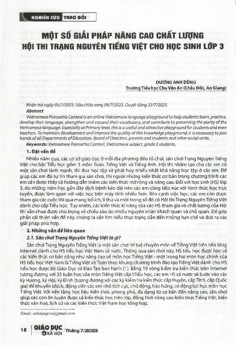 Một số giâi pháp nâng cao chất lượng hội thi Trạng nguyên Tiếng Việt cho học sinh lớp 3 = Some solutions to improve the quality of the Vietnamese Poinsettia Contest for grade 3 students