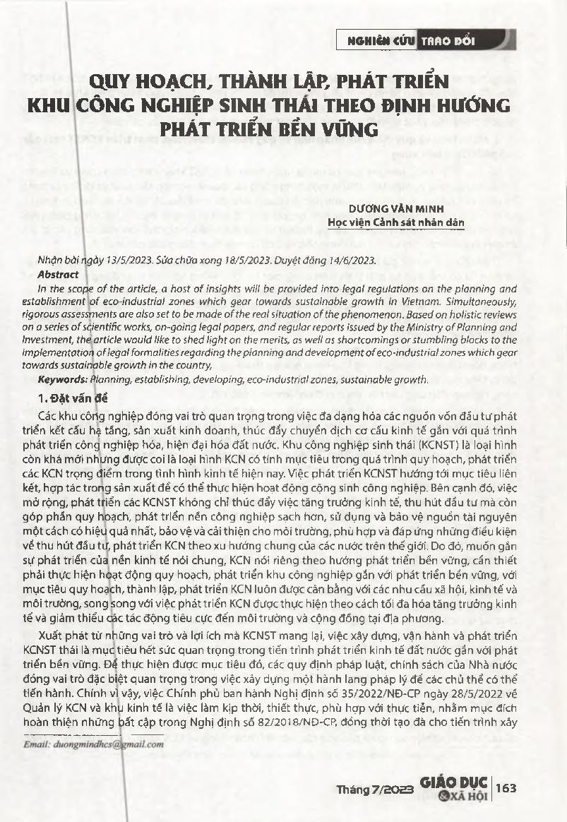 Quy hoạch, thành lập, phát triển khu công nghiệp sinh thái theo định hướng phát triển bền vững = Planning, establishing and developing ecoindustrial zones which gear towards sustainable growth in Vietnam.