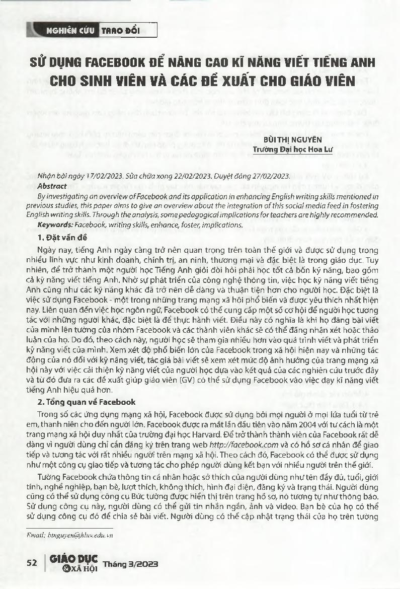 Sử dụng Facebook để nâng cao kĩ năng viết tiếng Anh cho sinh viên và các đề xuất cho giáo viên = Using Facebook to enhance students' English writing skills and implications for teachers.
