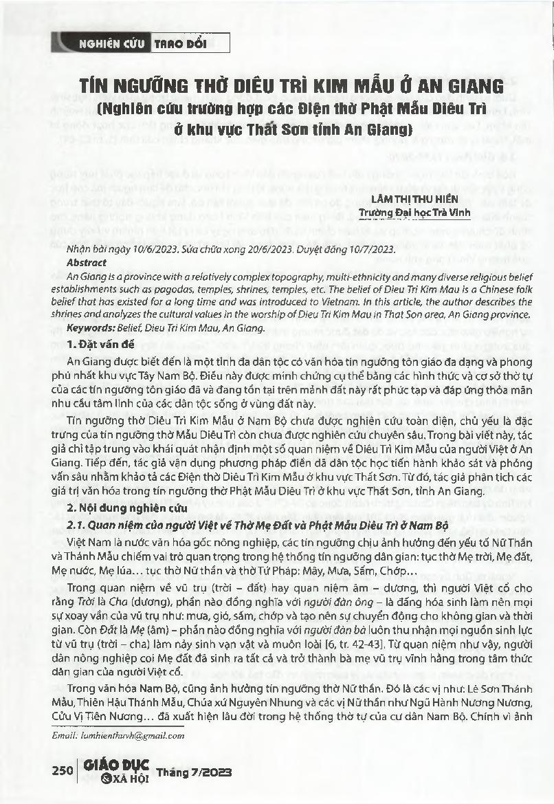 Tín ngưỡng thờ Diêu Trì Kim Mâu ở An Giang (Nghiên cứu trường hợp các Điện thờ Phật Mẫu Diêu Trì ờ khu vực Thất Sơn tỉnh An Giang) = Belief in worshiping Dieu Tri Kim Mau in An Giang (A case study of shrines worshiping Dieu Tri Kim Mau in That Son area, A