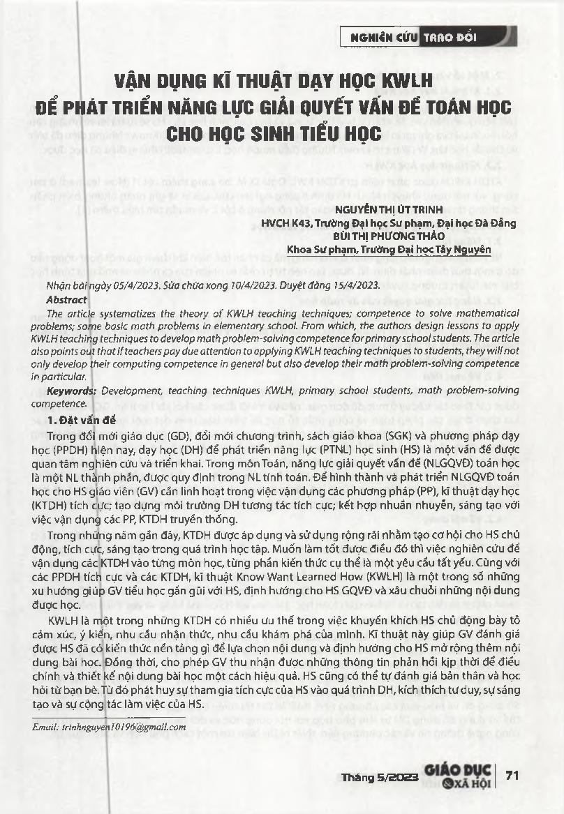 Vận dụng kĩ thuật dạy học KWLH để phát triển năng lực giải quyết vấn đề toán học cho học sinh tiểu học = Application of KWLH teaching techniques to develop mathematic problemsolving competence for primary school students.