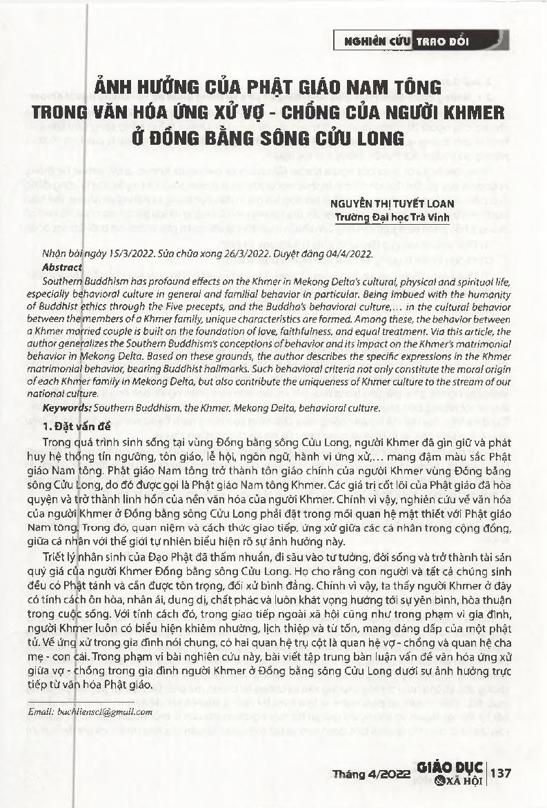 Ảnh hưởng của Phật giáo Nam tông trong văn hóa ứng xử vợ - chồng của người Khmer ở Đồng bằng sông Cửu Long = Southern Buddhism's effects on matrimonial culture of the Khmer in Mekong Delta.