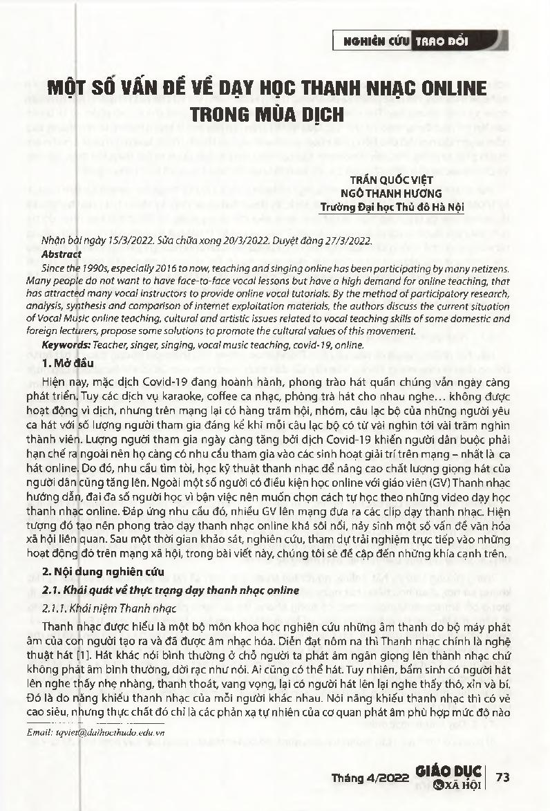 Một số vấn đề về dạy học Thanh nhạc online trong mùa dịch = Some issues of Vocal Music online teaching.