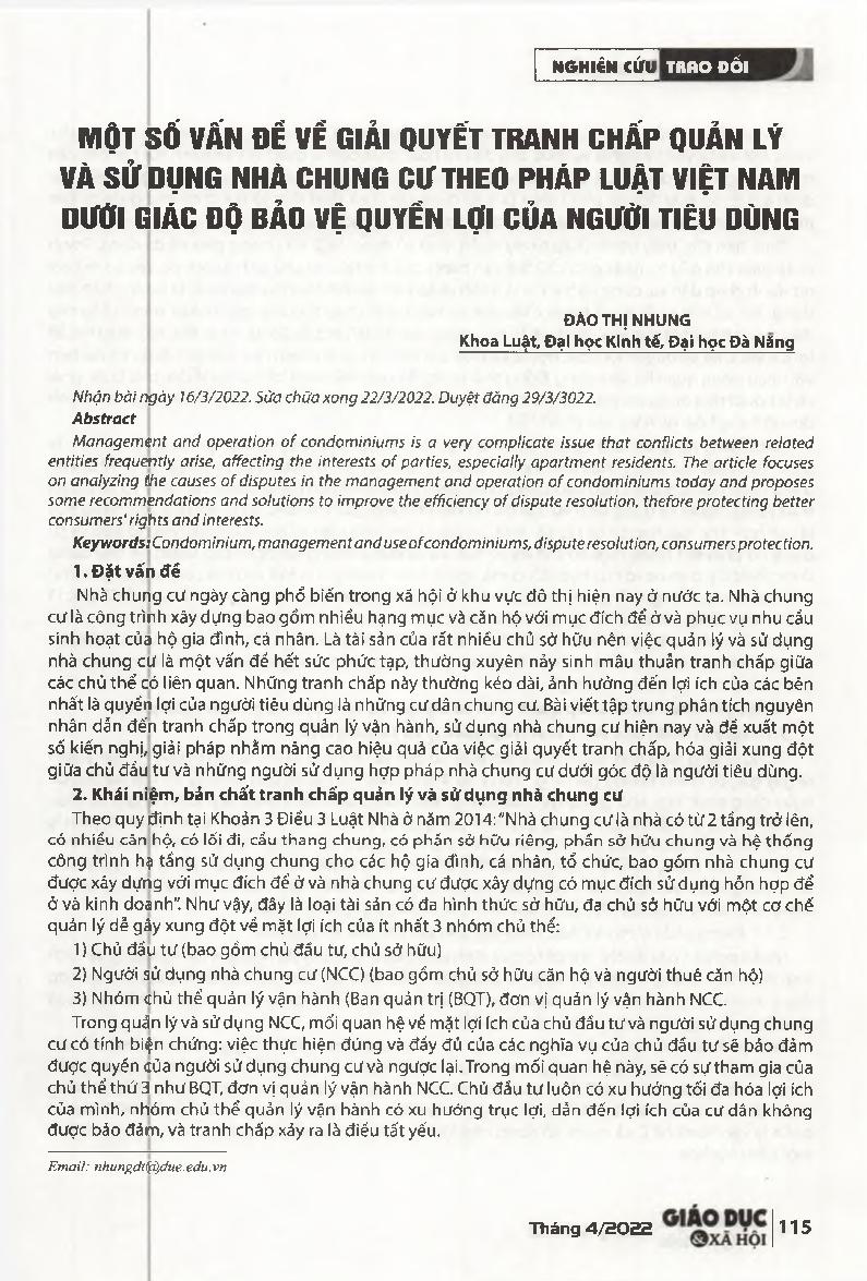 Một số vấn đề về giải quyết tranh chấp quản lý và sử dụng nhà chung cư theo pháp luật Việt Nam dưới giác độ bảo vệ quyền lợi của người tiêu dùng = Dispute resolution measures of issues regarding management and operation of condominiums from the perspectiv
