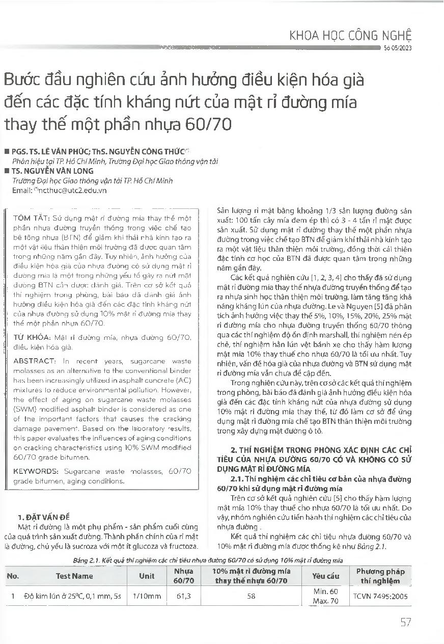 Bước đầu nghiên cứu ảnh hưởng điều kiện hóa già đến các đặc tính kháng nứt của mật rỉ đường mía thay thế một phần nhựa 60/70 = Initial study on effects of the aging condition on crack resistance properties of cane molasses partially replacing the 60/70 re