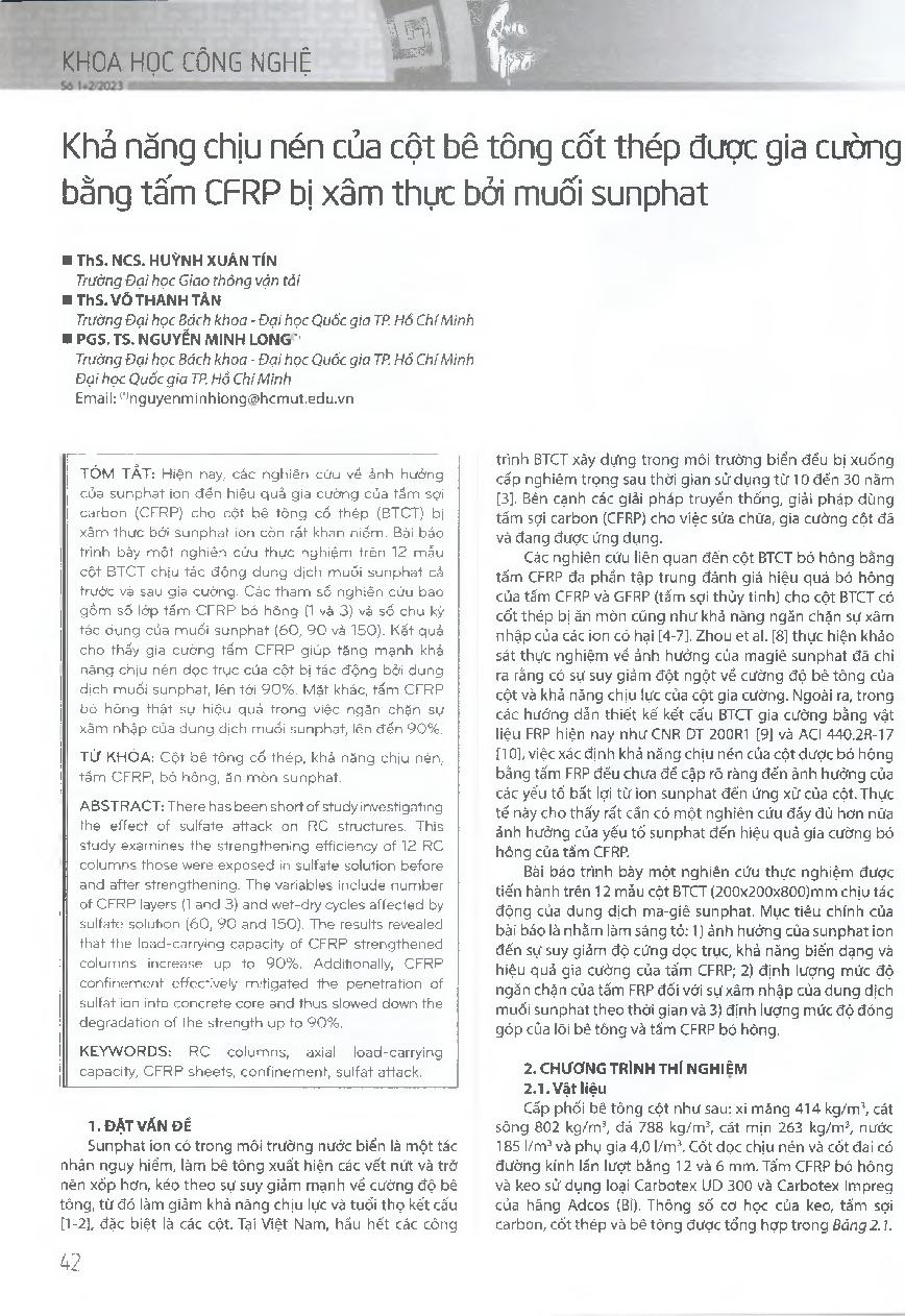 Khả năng chịu nén của cột bê tông cốt thép được gia cường bằng tấm CFRP bị xâm thực bởi muối sunphat = Compression capacity of the steel-reinforced concrete column strengthened with CFRP slabs eroded by sulphate salt