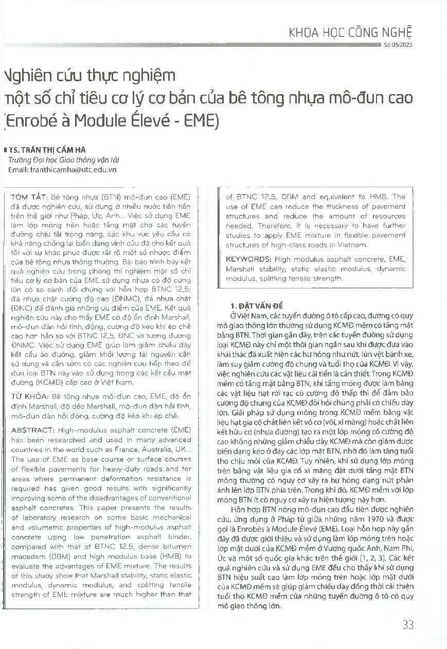 Nghiên cứu thực nghiệm một số chỉ tiêu cơ lý cơ bản của bê tông nhựa mô-đun cao (Enrobé à Module Élevé - EME) = Experimental research on some mechanical and volumetric properties of high modulus asphalt concrete (Enrobé à Module Élevé - EME)
