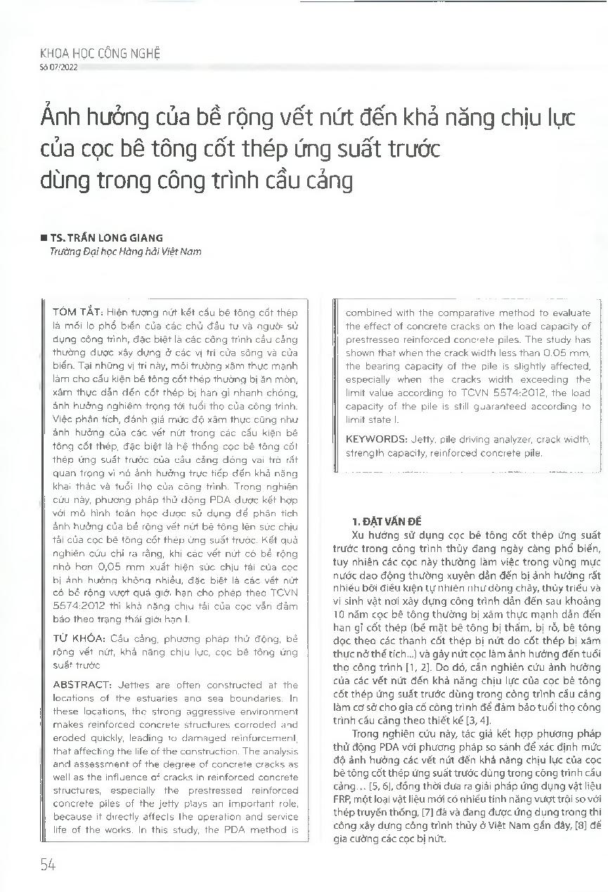 Ảnh hưởng của bề rộng vết nứt đến khả năng chịu lực của cọc bê tông cốt thép ứng suất trước dùng trong công trình cầu cảng = Effects of crack width on the strength capacity of precast pre-stressed concrete piles using for habour works