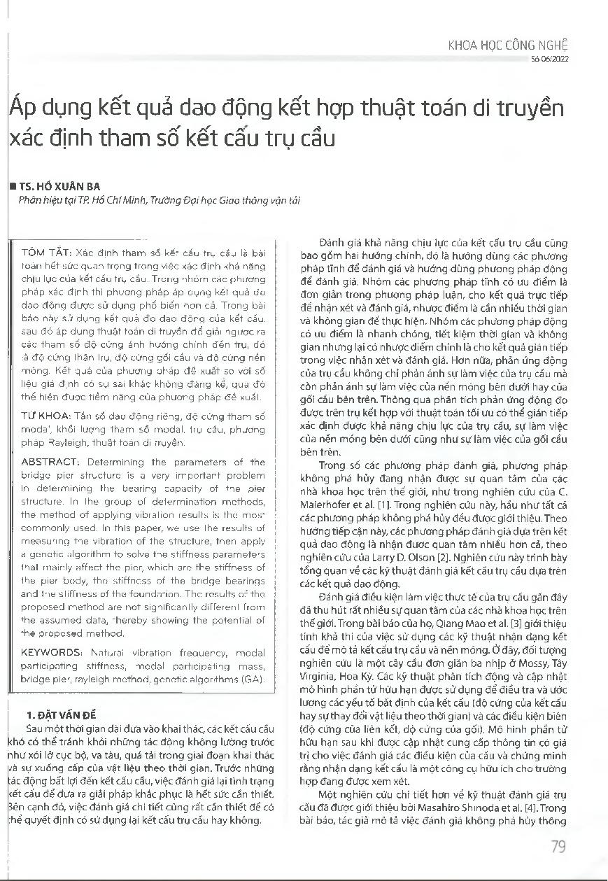 Áp dụng kết quả dao động kết hợp thuật toán di truyền xác định tham số kết cấu trụ cầu = Combining genetic algorithms and the vibration measurement to determine the bridge pier parameters