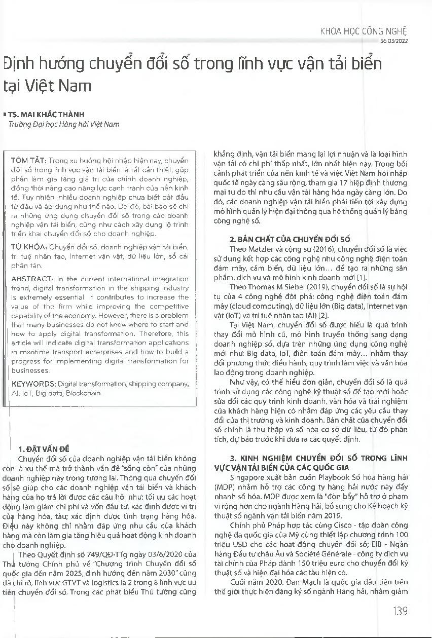Định hướng chuyển đối số trong lĩnh vực vận tải biến tại Việt Nam = Orientation of digital transformation in the shipping industry in Viet Nam