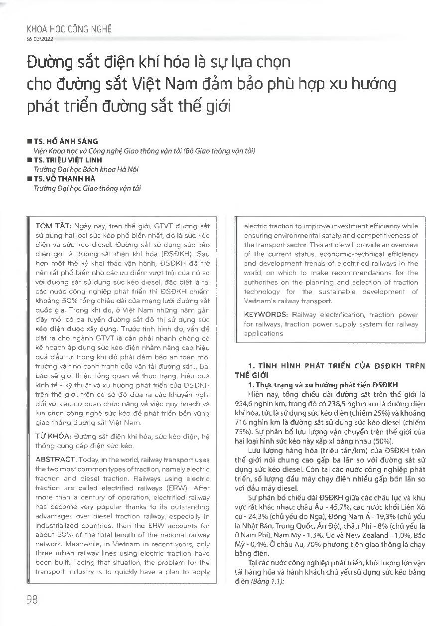 Đường sắt điện khí hóa là sự lựa chọn cho đường sắt Việt Nam đảm bảo phù hợp xu hướng phát triển đường sắt thế giới = Electrified railway is the choice for Vietnam&#39;s railways to ensure compliance with the developing trend of the world&#39;s railways