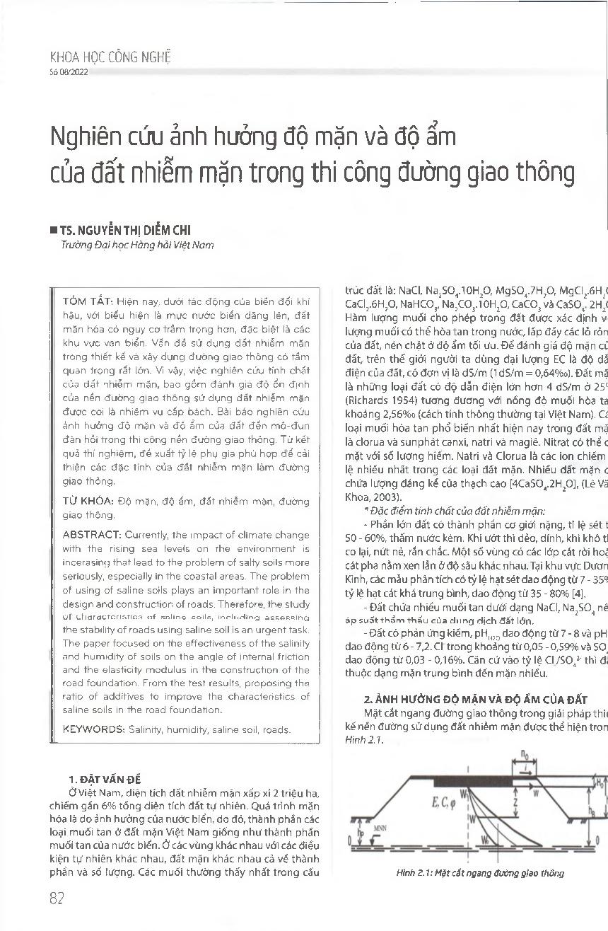 Nghiên cứu ảnh hưởng độ mặn và độ ẩm của đất nhiễm mặn trong thi công đường giao thông = Research on effects of salinity and humidity of saline soil in road construction