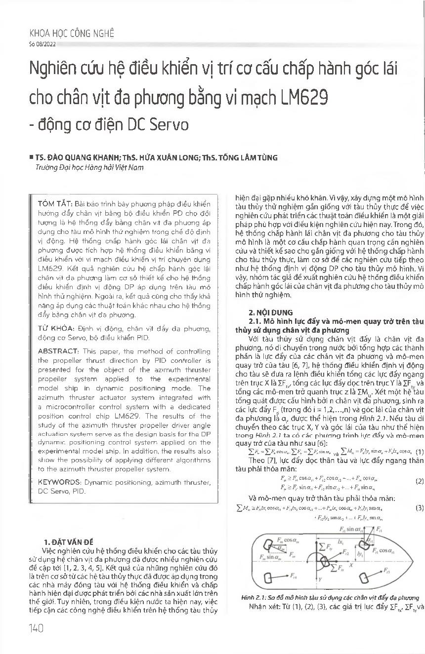Nghiên cứu hệ điều khiển vị trí cơ cấu chấp hành góc lái cho chân vịt đa phương bằng vi mạch LM629 - động cơ điện DC Servo = Studying the position control system with azimuth thruster actuator of the propeller by chip LM629 - DC Servo motor