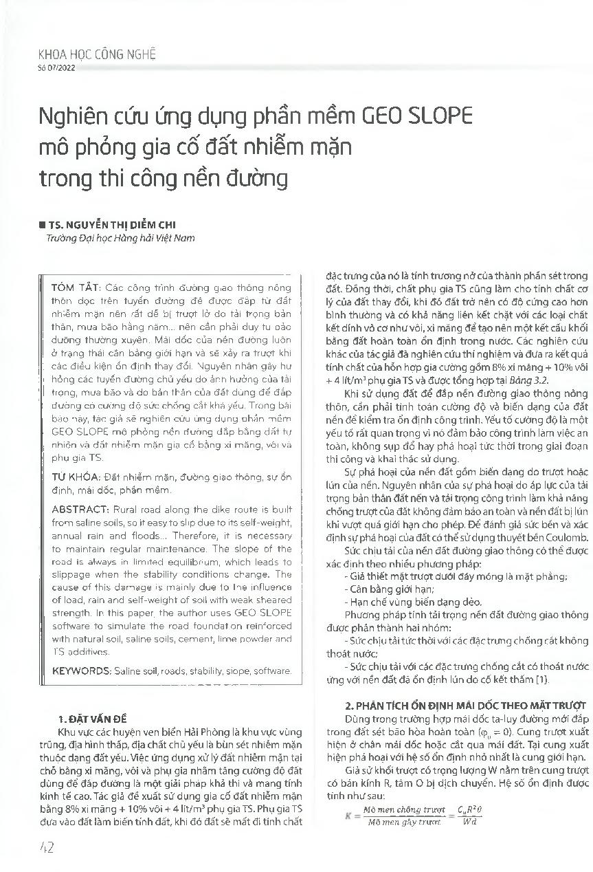 Nghiên cứu ứng dụng phần mềm GEO SLOPE mô phỏng gia cố đất nhiễm mặn trong thi công nền đường = Research on application of GEO SLOPE software for simulation of reinforced saline soil in road foundation construction