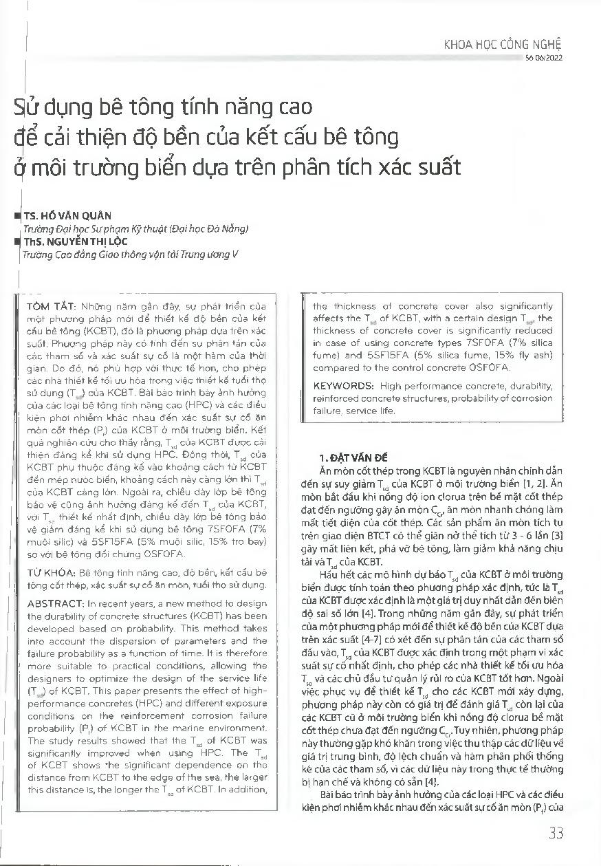 Sử dụng bê tông tính năng cao đề cải thiện độ bén của kết cấu bê tông ở môi trường biển dựa trên phân tích xác suất = Using high performance concrete to improve the durability of concrete structures in marine environment based on probabilistic analysis