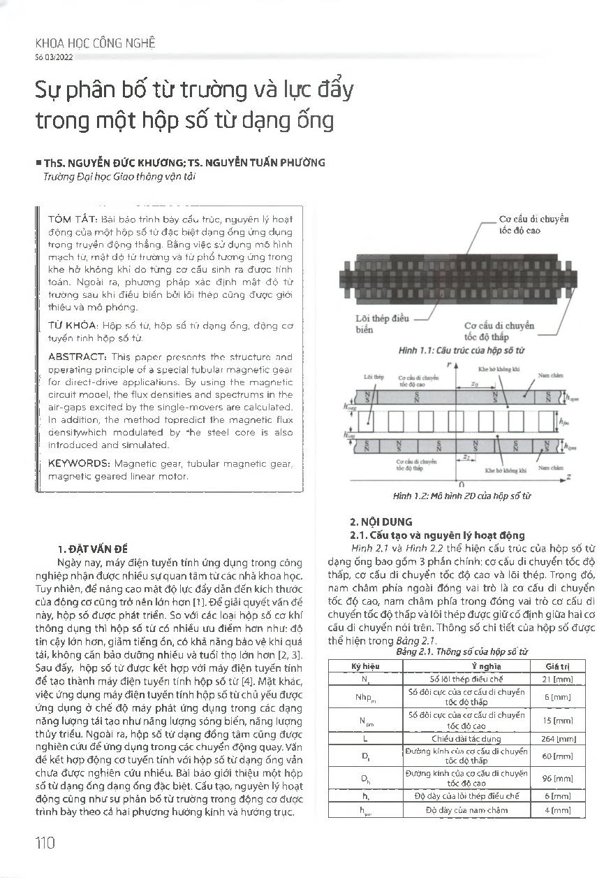 Sự phân bố từ trường và lực đẩy trong một hộp số từ dạng ống = Distribution of the magnetic field and the thrust force in a tubular linear magnetic gear