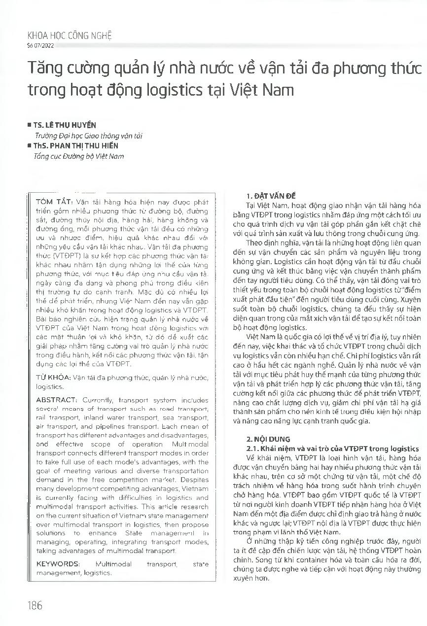 Tăng cường quản lý nhà nước về vận tải đa phương thức trong hoạt động logistics tại Việt Nam