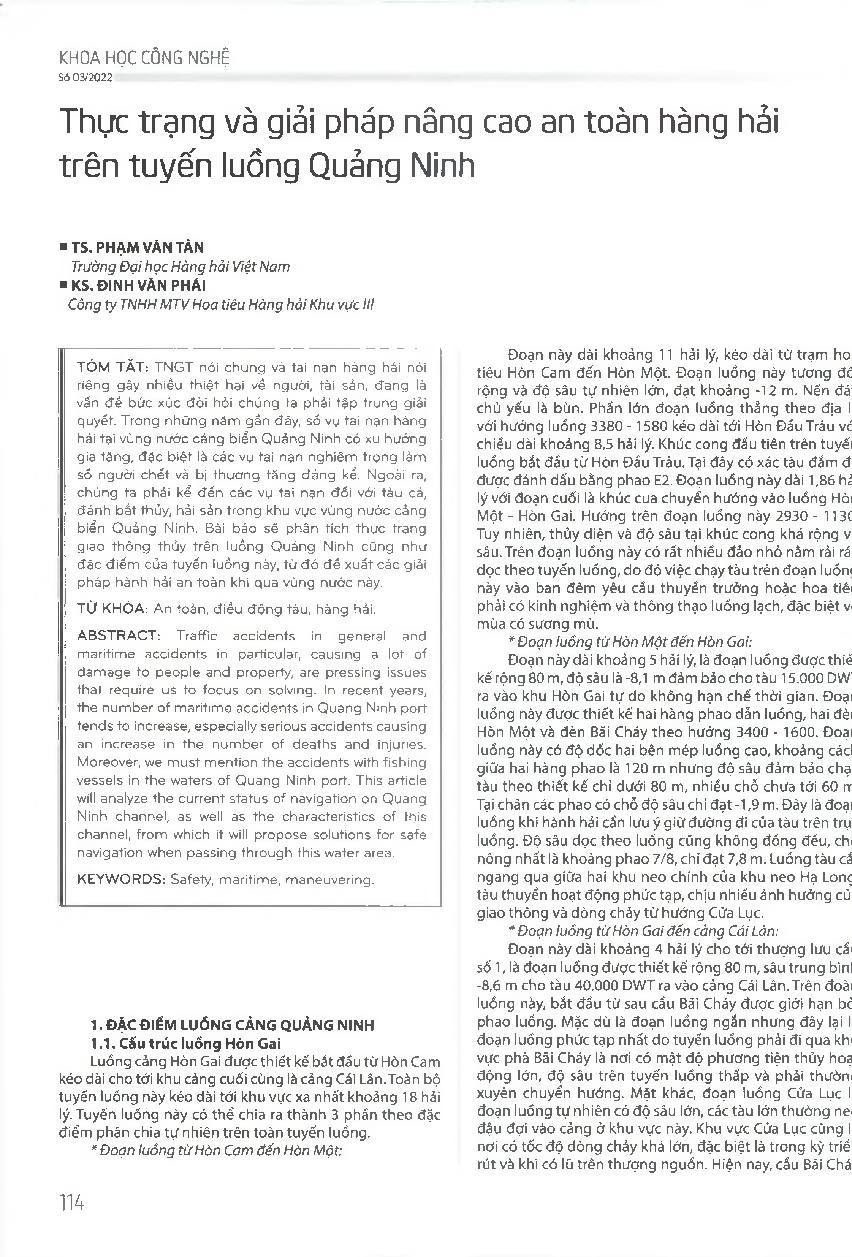 Thực trạng và giải pháp nâng cao an toàn hàng hải trên tuyến luồng Quảng Ninh = Situation and solutions to improve the maritime safety on Quang Ninh channel