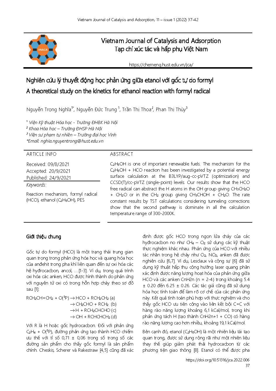 Nghiên cứu lý thuyết động học phản ứng giữa etanol với gốc tự do formy = A theoretical study on the kinetics for ethanol reaction with formyl radical