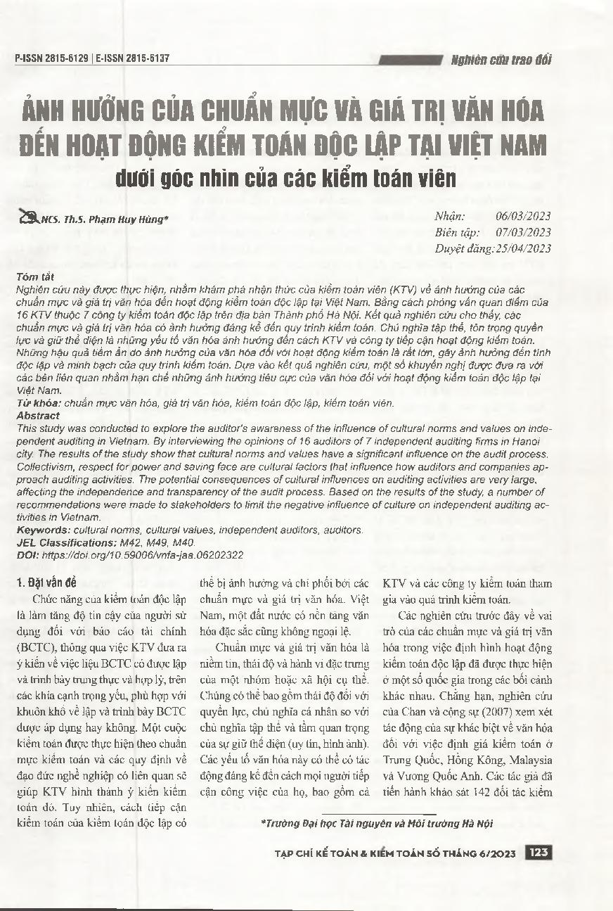 Ảnh hưởng của chuẩn mực và giá trị văn hóa đến hoạt động kiểm toán độc lập tại Việt Nam dưới góc nhìn của các kiểm toán viên